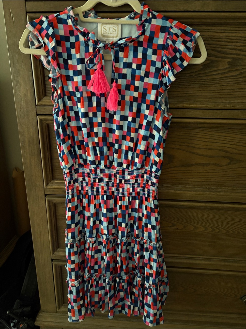 Sail to Sable Blue, Pink & White Geo Print Girls Dress with Tassels